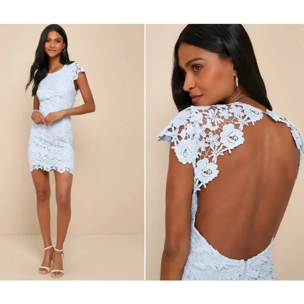 Lulus Size XS Lace Mini Dress Women Backless Romance Language Light Blue